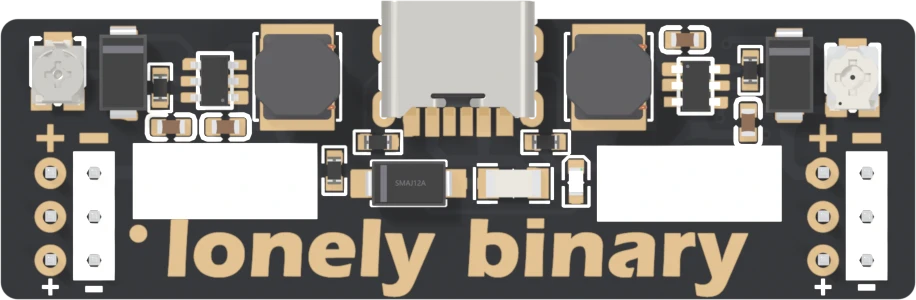 The booster adapter from directly above, USB-C socket at the top between two square black inductors, a six-legged converter chip and a black diode beside each, a small trimmer in each top corner, and plus and minus marks over the pin columns at each end.