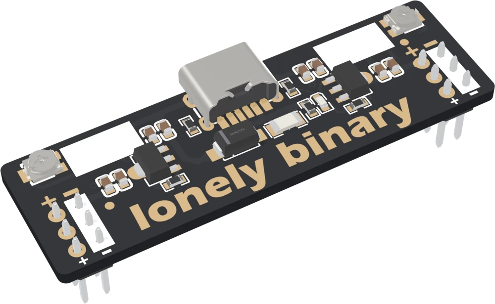 The step-down adapter from above at an angle: the USB-C socket centred on the far edge, a small square trimmer with a cross-head slot in each top corner beside a blank white label box, a three-legged SOT-89 regulator on each half, a red LED near the middle, and plus and minus marks over the pin columns at each end.