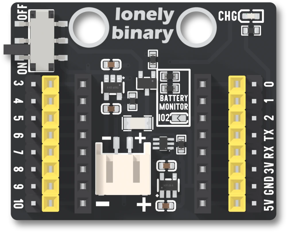 The top of the ESP32-C3 OLED Expansion Base: a black board with a slide switch at the top left, two mounting holes under the lonely binary name, a charge LED at the top right, a white battery connector in the middle between two black sockets, and down each side a strip of pins beside a yellow socket strip, numbered 3 to 10 on the left and 0, 1, 2, TX, RX, 3V, GND, 5V on the right.
