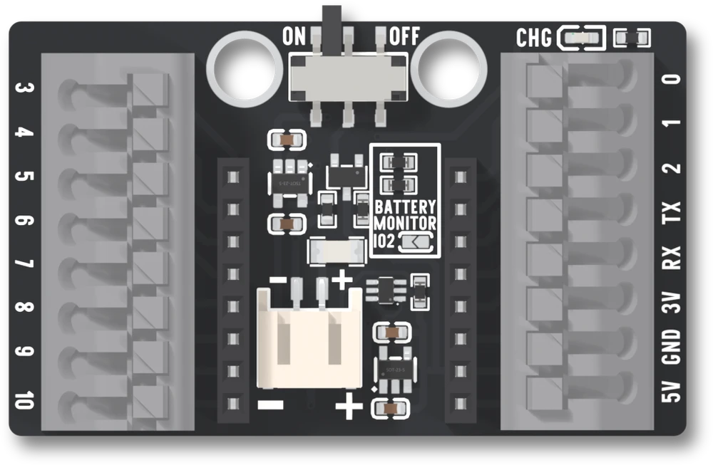 The top of the ESP32-C3 OLED pluggable terminal base: a black board with a grey eight-way push-in block down each long edge, printed 3 to 10 on the left and 0, 1, 2, TX, RX, 3V, GND and 5V on the right, two black sockets in the middle for the board, a white battery connector between them and a slide switch printed ON and OFF at the top.