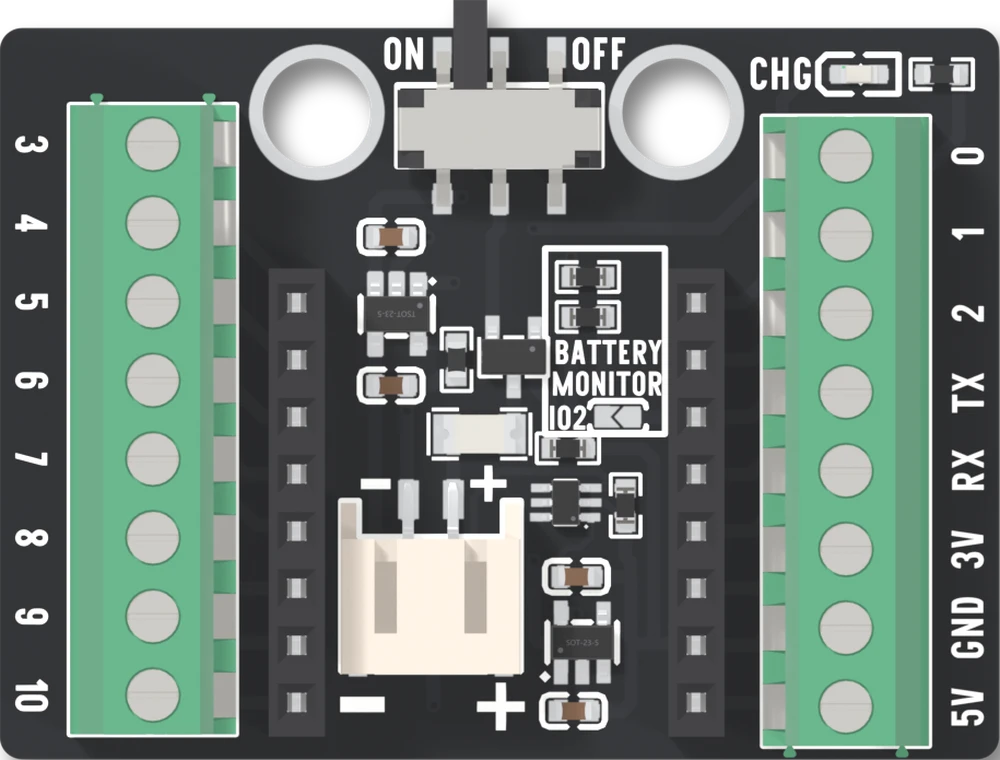 The top of the ESP32-C3 OLED screw terminal base: a black board with a green eight-way screw terminal block down each side, labelled 3 to 10 on the left and 0, 1, 2, TX, RX, 3V, GND and 5V on the right, two black sockets between them, a slide switch marked ON and OFF at the top, and a JST battery socket at the bottom.