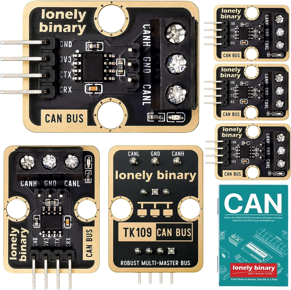 The box contents laid out: one large TK109 board, lying on its side with its screw terminal on the right and four pins on the left; three smaller boards stacked down the right; one board face up, terminal at the top and four pins pointing down; one board face down showing TK109 CAN BUS on the back; and a box printed CAN.