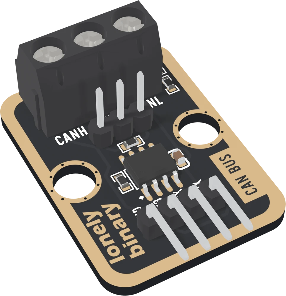 The TK109 from above at an angle: a black board with a gold border, a three-way screw terminal along the back printed CANH, GND and CANL, three male pins in front of it, the eight-legged SN65HVD230 between two round LEGO holes, CAN BUS printed on the right, and four right-angle pins out of the front edge printed GND, 3V3, CTX and CRX.