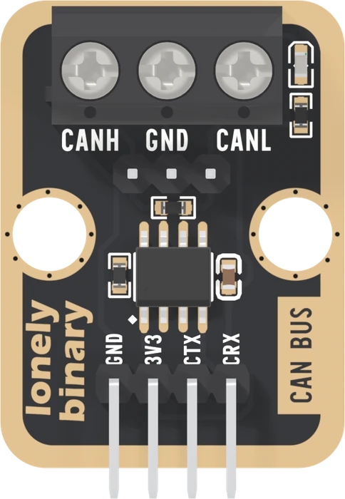 The TK109 from directly above: a black three-way screw terminal across the top printed CANH, GND and CANL, three male pins below it, the eight-legged SN65HVD230 in the middle between two round LEGO holes, CAN BUS printed on the right, and four right-angle pins along the bottom printed GND, 3V3, CTX and CRX.