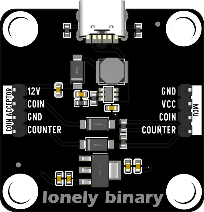 The coin acceptor module seen straight down: black board, white silkscreen, a USB-C socket centred on the top edge, a shielded inductor and a small chip in the middle, the header on the left labelled COIN ACCEPTOR with pins 12V, COIN, GND and COUNTER, the header on the right labelled MCU with pins GND, VCC, COIN and COUNTER, four mounting holes, and lonely binary printed along the bottom.