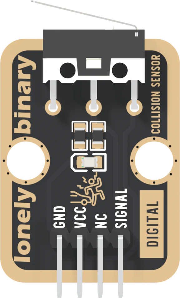 The TK17 seen from the front: a black board with a gold-plated border, a black and white lever microswitch lying flat across the top edge with a thin metal lever reaching up and to the left past it, the switch's three legs soldered in a row below it, two small resistors and a tiny LED in the middle, two big mounting holes, lonely binary up the left edge, COLLISION SENSOR and a boxed DIGITAL up the right edge, and a right-angle header labelled GND, VCC, NC and SIGNAL from left to right.