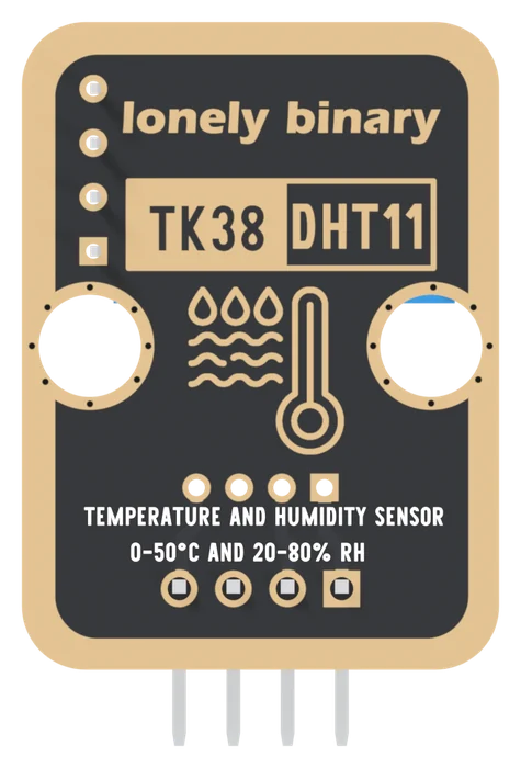 The back of the TK38: lonely binary across the top, TK38 DHT11 in a gold box, a water-drop and thermometer drawing between the two mounting holes, the four sensor leads in a column at the top left, then TEMPERATURE AND HUMIDITY SENSOR and 0-50°C AND 20-80% RH above the header's four solder joints. The square pad is now at the right, because the board is turned over.