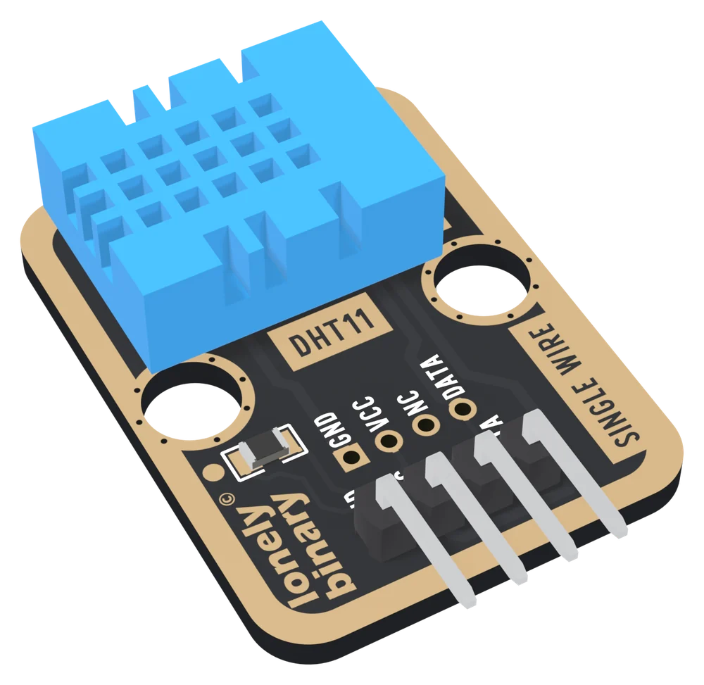 The TK38 at an angle: a black board with a gold border and a blue DHT11 sensor lying flat across its top half, its grille of square vents facing up. Below it are DHT11 in a gold box, a small resistor at the left, two round mounting holes, a row of four holes labelled GND, VCC, NC and DATA, and a black right-angle header whose four pins point out past the bottom edge. SINGLE WIRE runs up the right edge and lonely binary up the left.