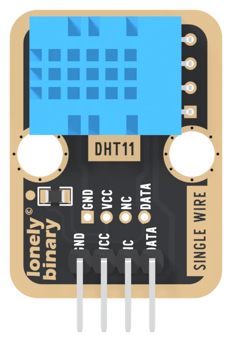 The TK38 from the sensor side: the blue DHT11 across the top with its four leads soldered in a column at the right, DHT11 printed in a gold box beneath it, two round mounting holes, a small resistor at the left beside lonely binary, a row of four open holes labelled GND, VCC, NC and DATA with GND on a square pad, and below them a black right-angle header whose four pins point down past the bottom edge. SINGLE WIRE is printed up the right edge.