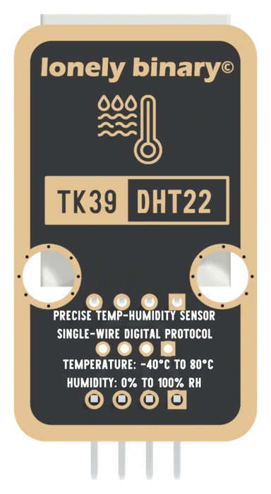 The back of the TK39: lonely binary at the top, a thermometer and water drop drawing, a box reading TK39 DHT22, two round mounting holes, three rows of four pads with the square one at the right, and the lines PRECISE TEMP-HUMIDITY SENSOR, SINGLE-WIRE DIGITAL PROTOCOL, TEMPERATURE: -40°C TO 80°C and HUMIDITY: 0% TO 100% RH.