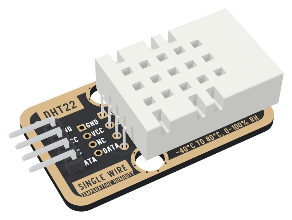 The TK39 at an angle: a black board with a gold border and a large white DHT22 cage with a grid of square vents lying flat over most of it, four sensor leads bent down into the board, DHT22 and the pin names GND, VCC, NC and DATA printed beside a right-angle four-pin header, and SINGLE WIRE, TEMPERATURE HUMIDITY and -40°C TO 80°C, 0-100% RH printed along the edges.
