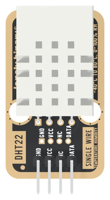 The TK39 from directly above, header at the bottom: the white DHT22 cage covering the top two thirds of the board and overhanging its top edge, the round mounting holes half under it, the sensor's four leads in a row below the cage, an open row of four holes labelled GND, VCC, NC and DATA, and the right-angle header at the bottom edge with GND on the square pad at the left.