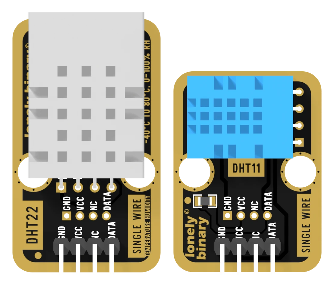 The TK39 DHT22 board and the TK38 DHT11 board rendered to the same scale from the sensor side: both are black PCBs with a gold immersion-plated border, two large mounting cut-outs, and a four-pin header labelled GND, VCC, NC and DATA with SINGLE WIRE printed up the right-hand edge. The DHT22 board is the taller of the two.