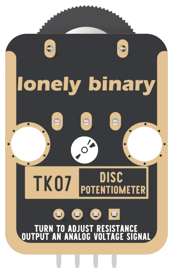 The back of the TK07: a black board with a gold border, the edge of the wheel showing above the top, lonely binary printed across the upper half, three gold pads where the potentiometer's pins come through, TK07 DISC POTENTIOMETER in a boxed label, four header pads in a row with the square one on the right, and TURN TO ADJUST RESISTANCE and OUTPUT AN ANALOG VOLTAGE SIGNAL printed underneath.