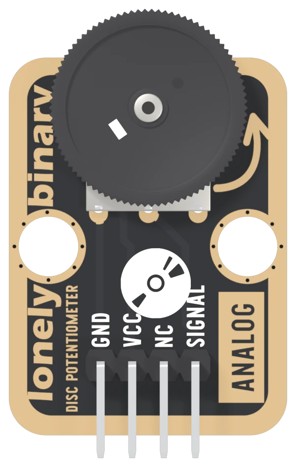 The TK07 seen from the wheel side: a black board with a gold-plated border, a large black knurled wheel at the top that stands past the board's top edge, a curved arrow printed beside it, two big round mounting holes, lonely binary and DISC POTENTIOMETER printed up the left edge, a boxed ANALOG on the right, and a right-angle header along the bottom with its four pins labelled GND, VCC, NC and SIGNAL from left to right.