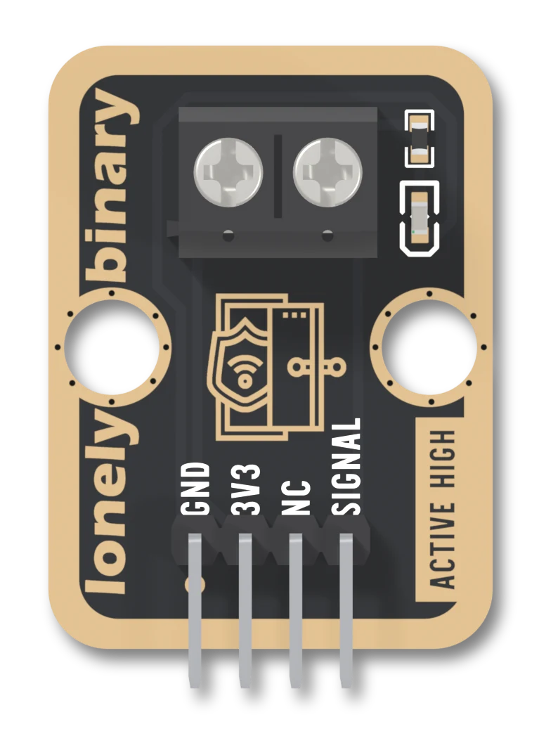 The front of the TK107, header at the bottom: a dark board with a gold border, lonely binary up the left edge, a black two-way screw terminal with two silver screws across the top, two small parts to its right, a gold door drawing with a shield and a wireless symbol, two round LEGO holes, four right-angle pins labelled GND, 3V3, NC and SIGNAL, and ACTIVE HIGH up the right edge.
