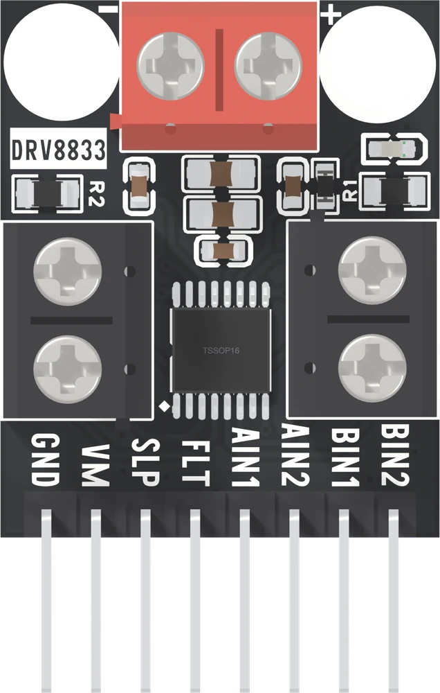 The DRV8833 board from above with connectors fitted: a red two-way screw block across the top between the minus and plus marks, a black two-way screw block down each side, and a right-angle eight-pin header along the bottom whose labels GND, VM, SLP, FLT, AIN1, AIN2, BIN1, BIN2 are still readable. The motor and power pad names are hidden under the blocks.