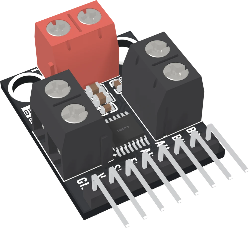The DRV8833 board at three-quarter view with connectors fitted: a red two-way screw terminal for power at the back edge, a black two-way screw terminal on each side for Motor A and Motor B, and a right-angle eight-pin header along the front edge, with the chip between the blocks.