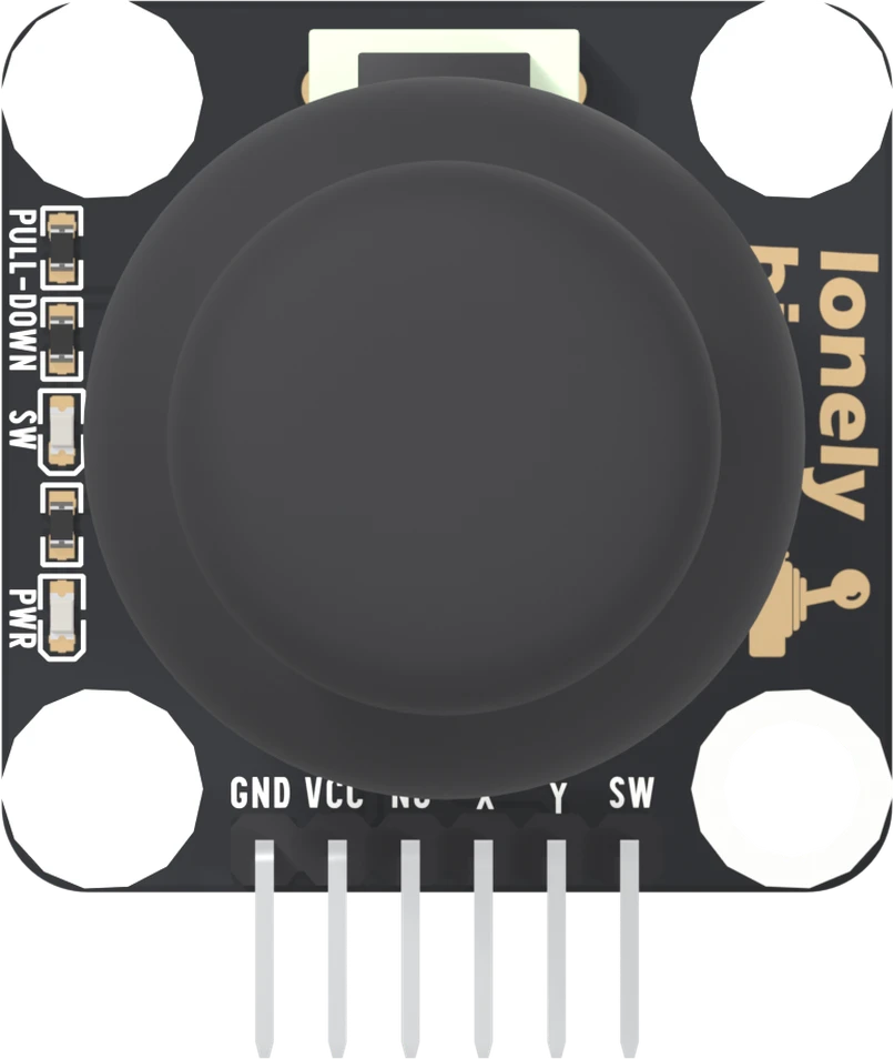 The TK23 from the parts side: a square black board with a large mounting hole in each corner, a wide black domed thumbstick cap filling the middle, five small parts in a column up the left edge labelled PULL-DOWN, SW and PWR, the lonely binary logo and a joystick icon up the right edge, and a six-way header along the bottom edge labelled GND, VCC, NC, X, Y and SW from left to right.