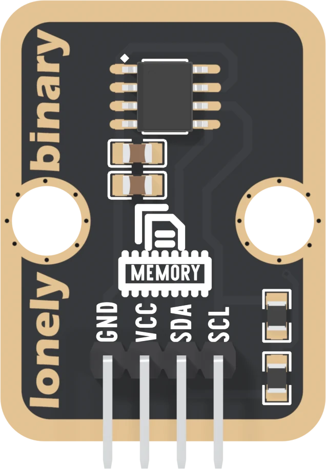 The TK31 seen from the parts side: a black board with a wide gold border, a black eight-legged chip near the top with a small dot by its top-left leg, two brown capacitors under it, a white memory-chip icon with MEMORY in the middle, two big round mounting holes, two small black resistors at the lower right, lonely binary up the left edge, and a right-angle header labelled GND, VCC, SDA and SCL from left to right.