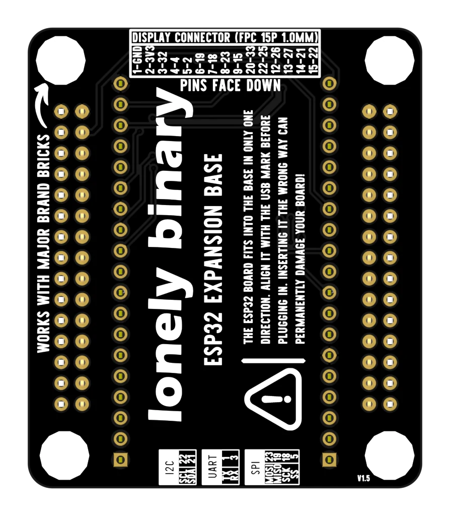 The back of the ESP32 expansion base in gold on black: a boxed table headed DISPLAY CONNECTOR (FPC 15P 1.0MM) listing 1-GND, 2-3V3, 3-32, 4-4, 5-2, 6-19, 7-18, 8-23, 9-15, 10-33, 11-25, 12-26, 13-27, 14-21 and 15-22, the words PINS FACE DOWN, a warning that the ESP32 fits in only one direction, a note that the mounting holes work with major brand bricks, and small boxes listing I2C SCL 22 SDA 21, UART TX 1 RX 3 and SPI MOSI 23 MISO 19 SCK 18 SS 5.