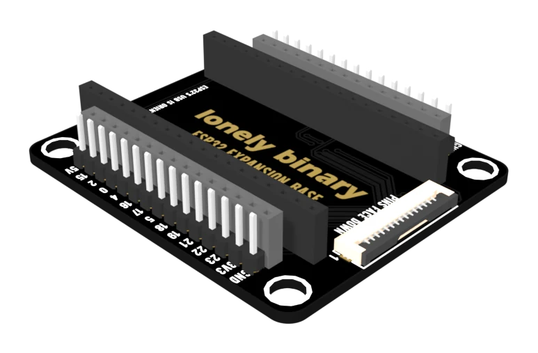 The ESP32 expansion base at an angle, showing the two edge strips on each side: an inner strip of tall square pins standing up from a grey body, and beside it a black strip of sockets at the same spacing, with the pin names printed on the black PCB outside them.