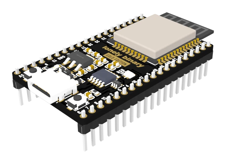 The ESP32 Gold Edition board at an angle: a black board printed lonely binary GOLD EDITION, the cream WROOM module and its PCB antenna at the far end, a USB-C socket and two small buttons at the near end, and a row of male header pins soldered down each long edge with the GPIO numbers printed on the board beside them — 6, 7, 8, 15, 2, 0, 4, 16, 17, 5, 18, 19 and 21 along the near edge.