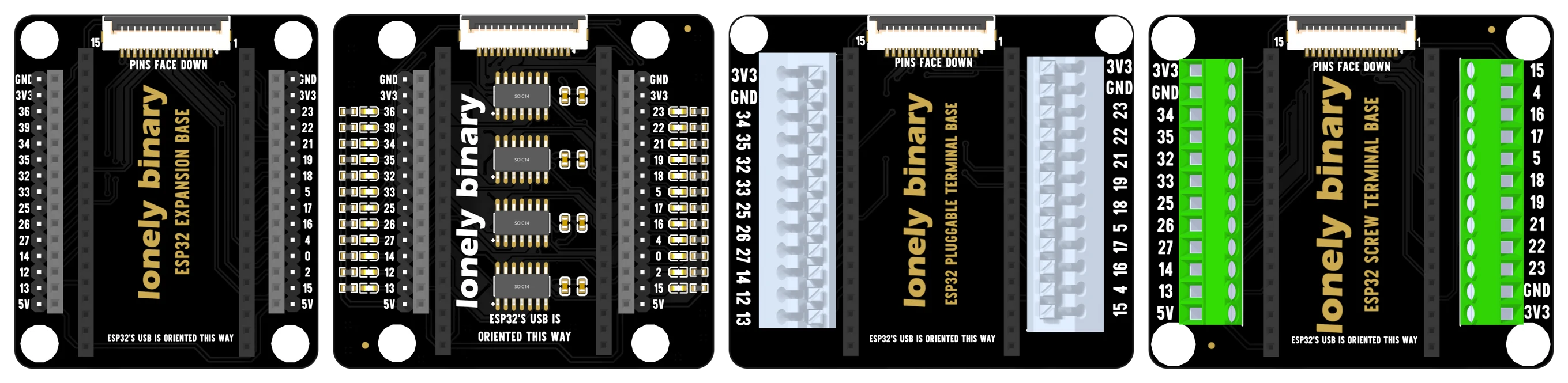 The four ESP32 bases side by side and to scale, seen from above: the expansion base with two connector strips down each edge, the PinPulse base with four SOIC-14 chips down the middle and a column of LEDs outside each edge, the pluggable terminal base with a white twelve-way push-in block each side, and the screw terminal base with a green twelve-way screw block each side. All four have a white fifteen-way ribbon socket at the top.