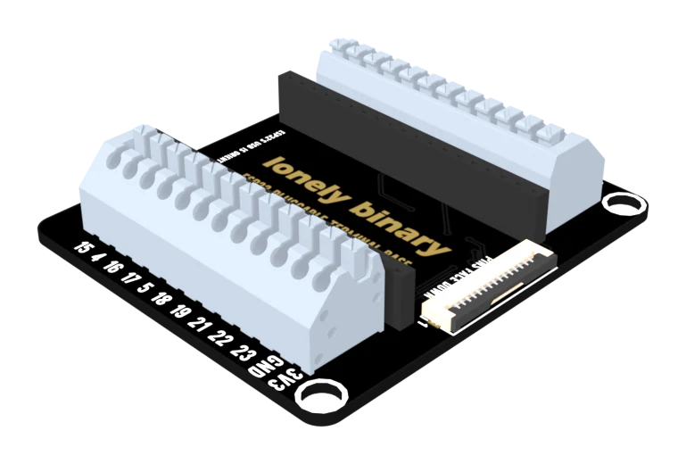 The ESP32 pluggable terminal base at an angle: a black board with four corner mounting holes, two tall sockets down the middle for the ESP32, and a white twelve-way push-in terminal block along each long edge, each way showing a square wire entry with a round release button above it.