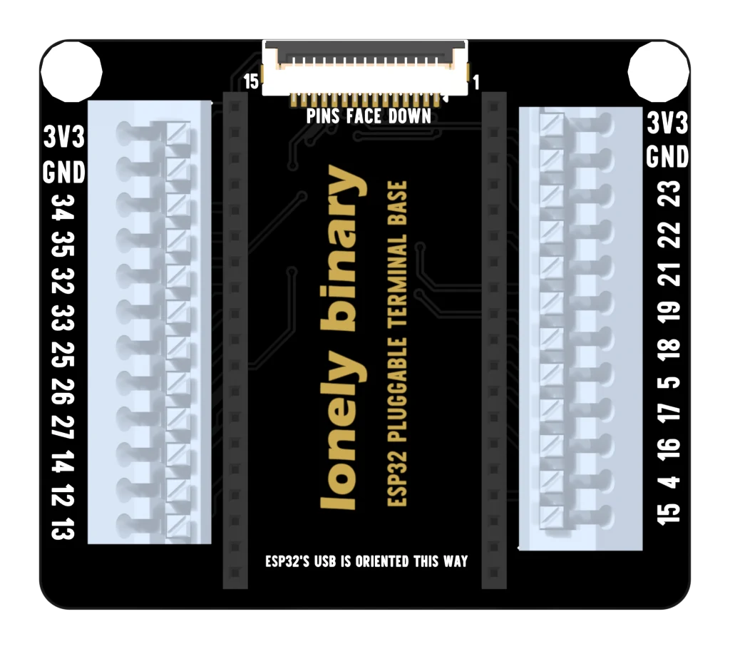 The top of the ESP32 pluggable terminal base: a black board with a white twelve-way push-in terminal block down each side, each way a square hole with a round release button above it, labelled 3V3, GND, 34, 35, 32, 33, 25, 26, 27, 14, 12 and 13 on the left and 3V3, GND, 23, 22, 21, 19, 18, 5, 17, 16, 4 and 15 on the right, with a fifteen-way ribbon socket at the top.