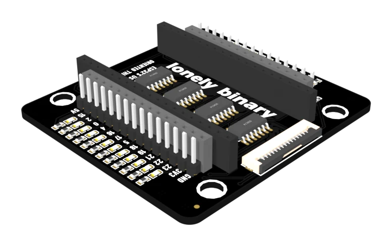 The ESP32 PinPulse base at an angle: a black board with four corner mounting holes, two tall sockets down the middle, four small chips in a row between them, and outside each edge connector a column of tiny surface-mount LEDs and resistors, with the GPIO numbers printed on the board beside them.