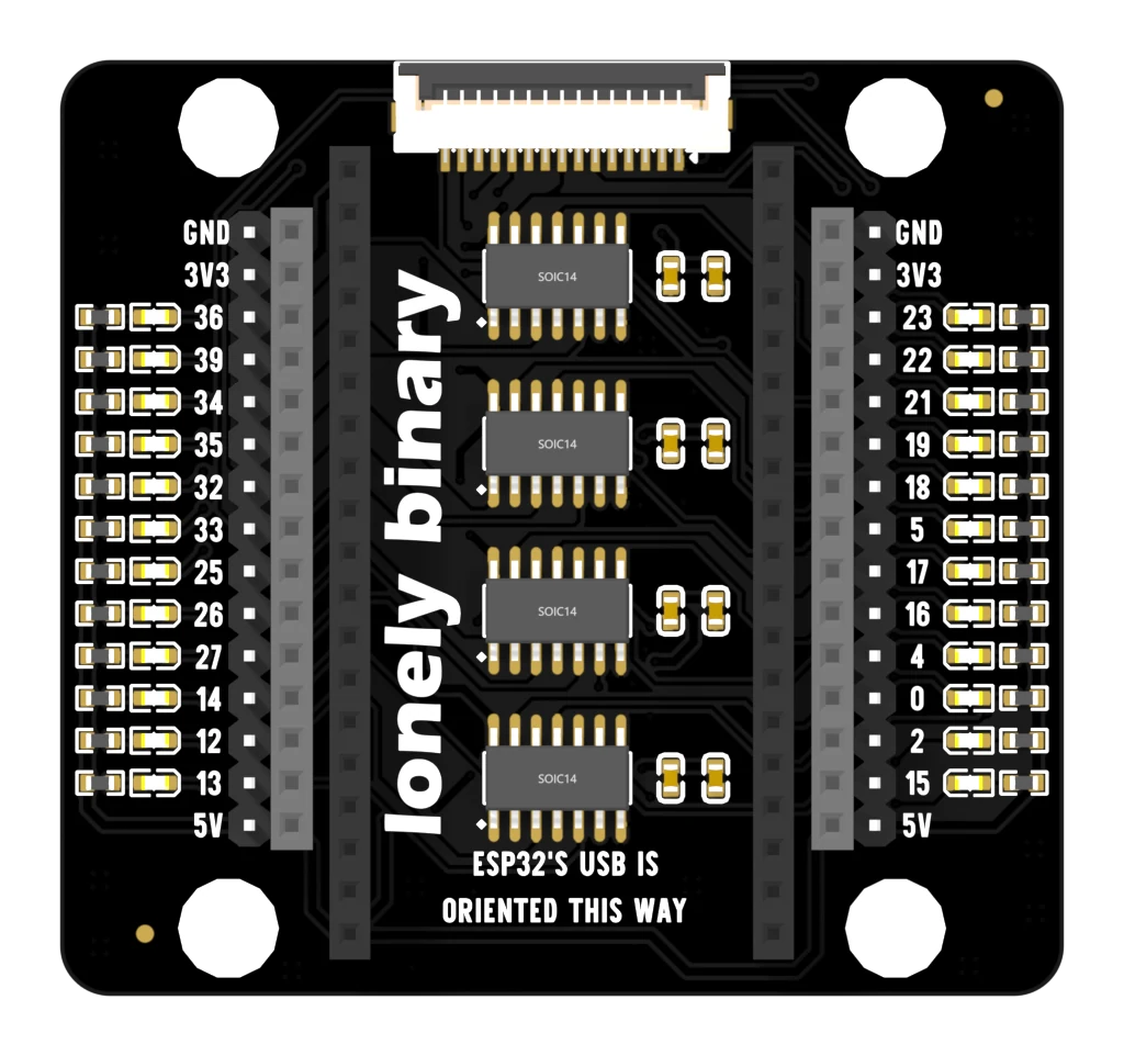 The top of the ESP32 PinPulse base: a black board with four SOIC-14 chips down the middle, a column of small LEDs and resistors outside each edge connector, pin names GND, 3V3, 36, 39, 34, 35, 32, 33, 25, 26, 27, 14, 12, 13 and 5V down the left and GND, 3V3, 23, 22, 21, 19, 18, 5, 17, 16, 4, 0, 2, 15 and 5V down the right, and a fifteen-way ribbon socket at the top.