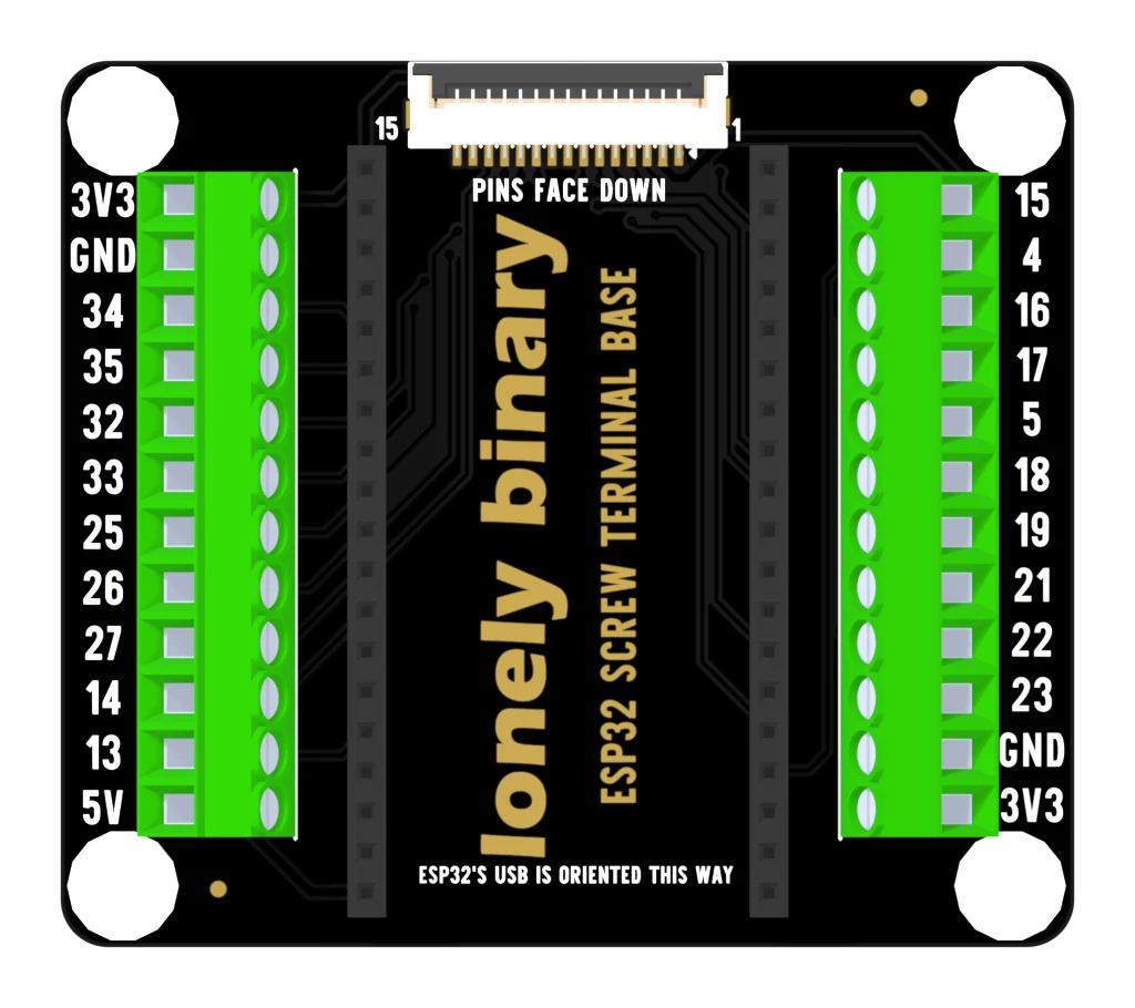 The top of the ESP32 screw terminal base: a black board with a green twelve-way screw terminal block down each side, each way a slotted screw above a square wire entry, labelled 3V3, GND, 34, 35, 32, 33, 25, 26, 27, 14, 13 and 5V on the left and 15, 4, 16, 17, 5, 18, 19, 21, 22, 23, GND and 3V3 on the right, with a fifteen-way ribbon socket at the top.