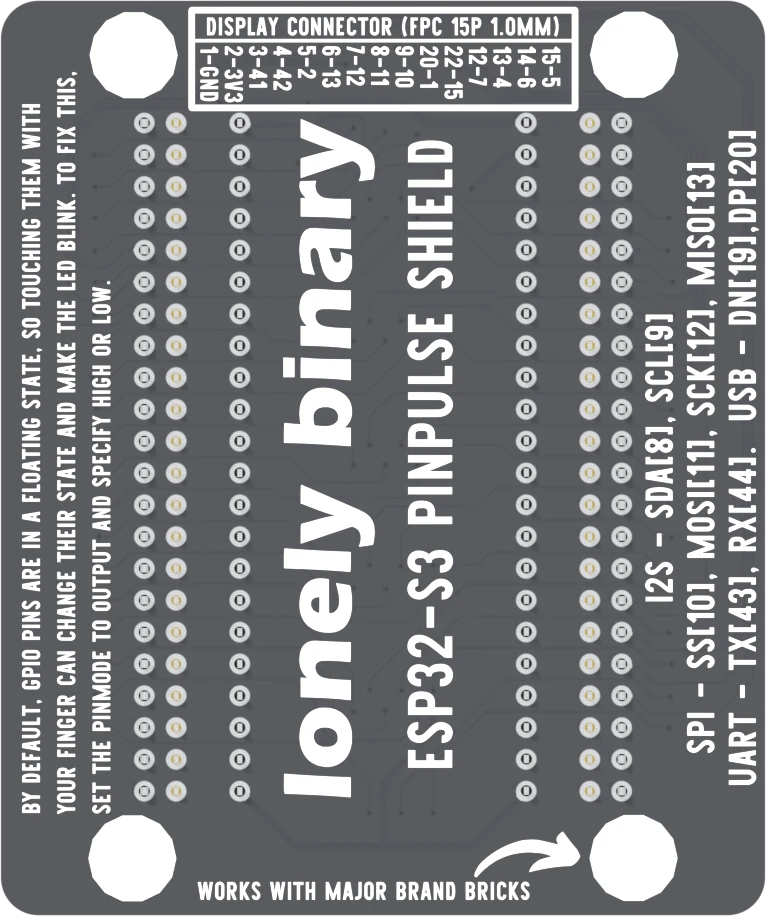 The underside of the shield: rows of plated through-holes, the lonely binary logo, ESP32-S3 PINPULSE SHIELD in large letters, a boxed table titled DISPLAY CONNECTOR (FPC 15P 1.0MM) listing each contact and its GPIO, the lines I2S SDA(8) SCL(9), SPI SS(10) MOSI(11) SCK(12) MISO(13), UART TX(43) RX(44) and USB DN(19) DP(20), and a note that floating pins make the LEDs blink.