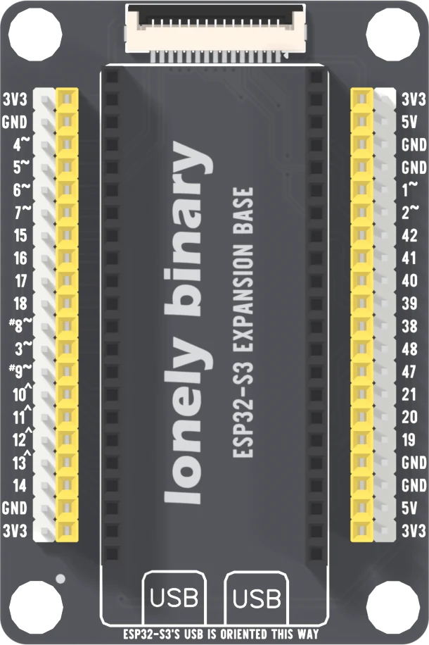 The top of the ESP32-S3 Expansion Base: a black board with a fifteen-way ribbon socket at the top, two black 22-way sockets down the middle, a pair of strips down each edge, and the pin names printed outside them: 3V3, GND, 4, 5, 6, 7, 15, 16, 17, 18, 8, 3, 9, 10, 11, 12, 13, 14, GND, 3V3 on the left and 3V3, 5V, GND, GND, 1, 2, 42, 41, 40, 39, 38, 48, 47, 21, 20, 19, GND, GND, 5V, 3V3 on the right. Two boxes printed USB at the bottom.