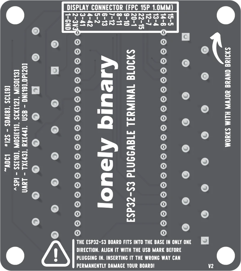The underside of the base: a white warning triangle at the bottom left beside text saying the ESP32-S3 board fits into the base in only one direction, to align it with the USB mark before plugging in, and that inserting it the wrong way can permanently damage the board.