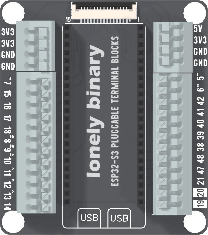 The top of the ESP32-S3 pluggable terminal base: a black board with a pale grey terminal block down each long edge, a four-way block above a twelve-way block, labelled 3V3, 3V3, GND, GND, then 7, 15, 16, 17, 18, 8, 9, 10, 11, 12, 13, 14 on the left and 5V, 3V3, GND, GND, then 5, 6, 42, 41, 40, 39, 38, 48, 47, 21, 20, 19 on the right, with a fifteen-way ribbon socket at the top and two boxes printed USB at the bottom.