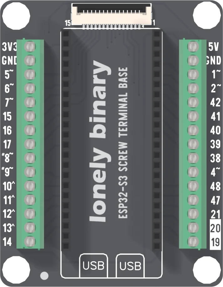 The top of the ESP32-S3 screw terminal base: a black board with a green fifteen-way screw terminal block down each side, labelled 3V3, GND, 5, 6, 7, 15, 16, 17, 8, 9, 10, 11, 12, 13 and 14 on the left and 5V, GND, 1, 2, 42, 41, 40, 39, 38, 4, 48, 47, 21, 20 and 19 on the right, the dev board's two sockets between them, and a fifteen-way ribbon socket at the top.