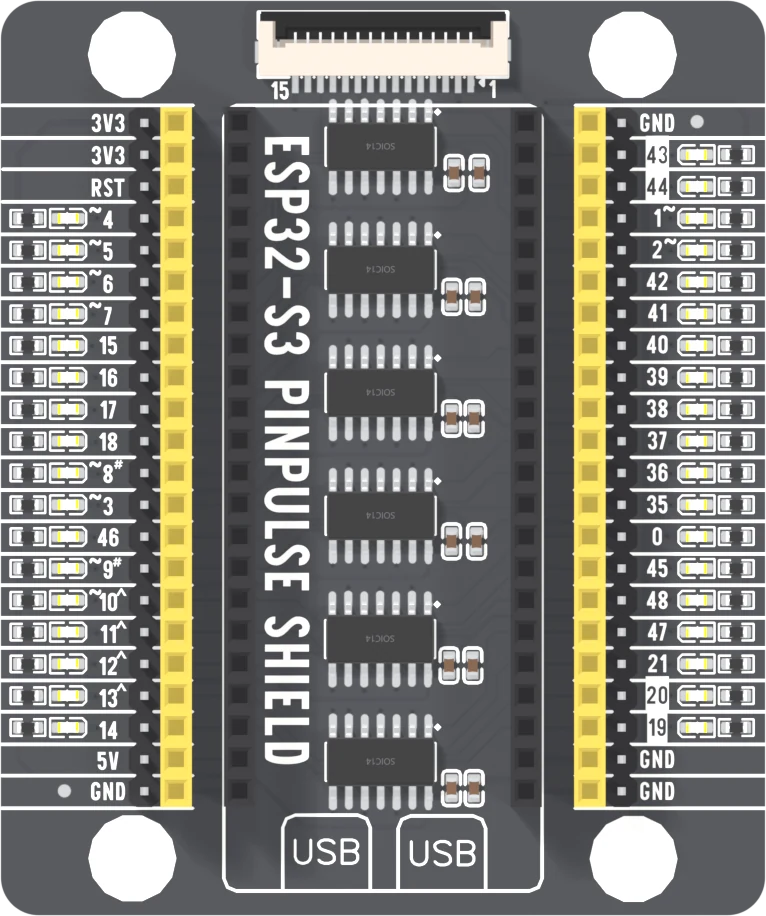 The top of the ESP32-S3 PinPulse shield: the ribbon socket at the top with contacts numbered 15 on the left and 1 on the right; down the left edge 3V3, 3V3, RST, 4, 5, 6, 7, 15, 16, 17, 18, 8, 3, 46, 9, 10, 11, 12, 13, 14, 5V and GND; down the right edge GND, 43, 44, 1, 2, 42, 41, 40, 39, 38, 37, 36, 35, 0, 45, 48, 47, 21, 20, 19, GND and GND; six chips down the middle and two boxes printed USB at the bottom.