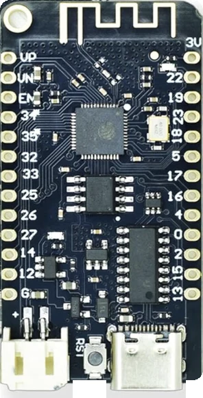 The ESP32 LiPo board from above, antenna at the top. Down the left edge the pins read VP, VN, EN, 34, 35, 32, 33, 25, 26, 27, 14, 12 and G; down the right, 3V, 22, 19, 23, 18, 5, 17, 16, 4, 0, 2, 15 and 13. At the bottom are the white battery socket with a + beside its left pin, the RST button and the USB-C socket.