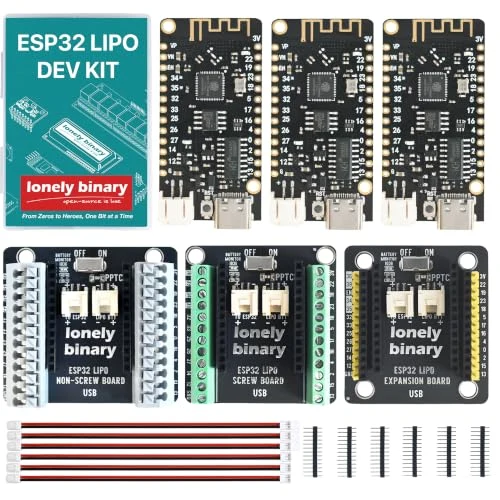 Everything in the ESP32 LiPo Dev Kit laid flat: the teal storage box top left, three black ESP32 boards top right with USB-C sockets and white battery sockets, three shields in the middle row with grey spring terminals, green screw terminals and yellow-and-black headers, and along the bottom six red-and-black cables with a white plug at each end and six black header strips.