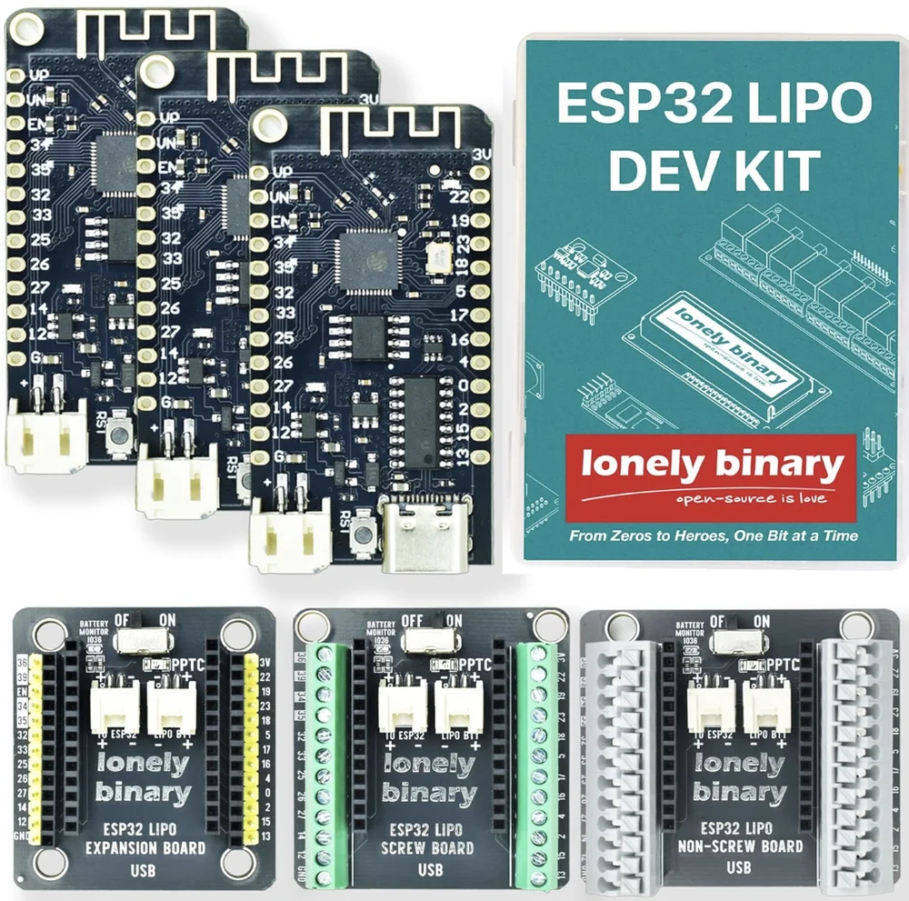 The ESP32 LiPo Dev Kit: three black ESP32 boards fanned out at the top left, each with a PCB antenna, 13 labelled pins down each side, a white battery socket and a USB-C socket; the teal storage box at the top right; and three shields along the bottom — one with black and yellow headers, one with green screw terminals, one with grey spring terminals — each with an ON/OFF switch and two white battery sockets.