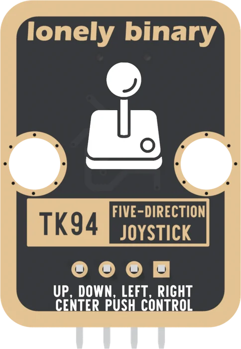 The back of the TK94: a black board with a gold edge, lonely binary across the top, a white arcade-joystick icon between the two round mounting holes, TK94 FIVE-DIRECTION JOYSTICK in a box, four header pads with the square one on the right, and UP, DOWN, LEFT, RIGHT, CENTER PUSH CONTROL under them.