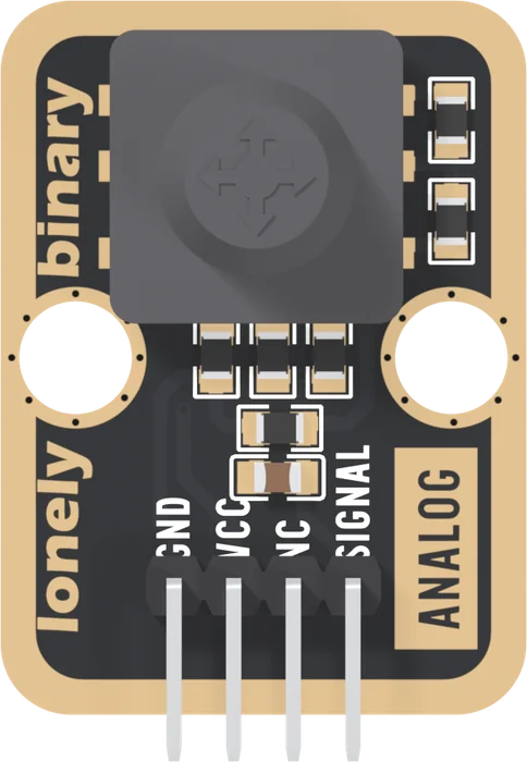 The TK94 from above, header at the bottom: a black square silicone cap with a round boss and a four-way arrow on top fills the upper half; two small resistors stand to its right, three more in a row under it, then a black resistor and a brown capacitor above the four header pins labelled GND, VCC, NC and SIGNAL; ANALOG is printed up the right-hand edge.