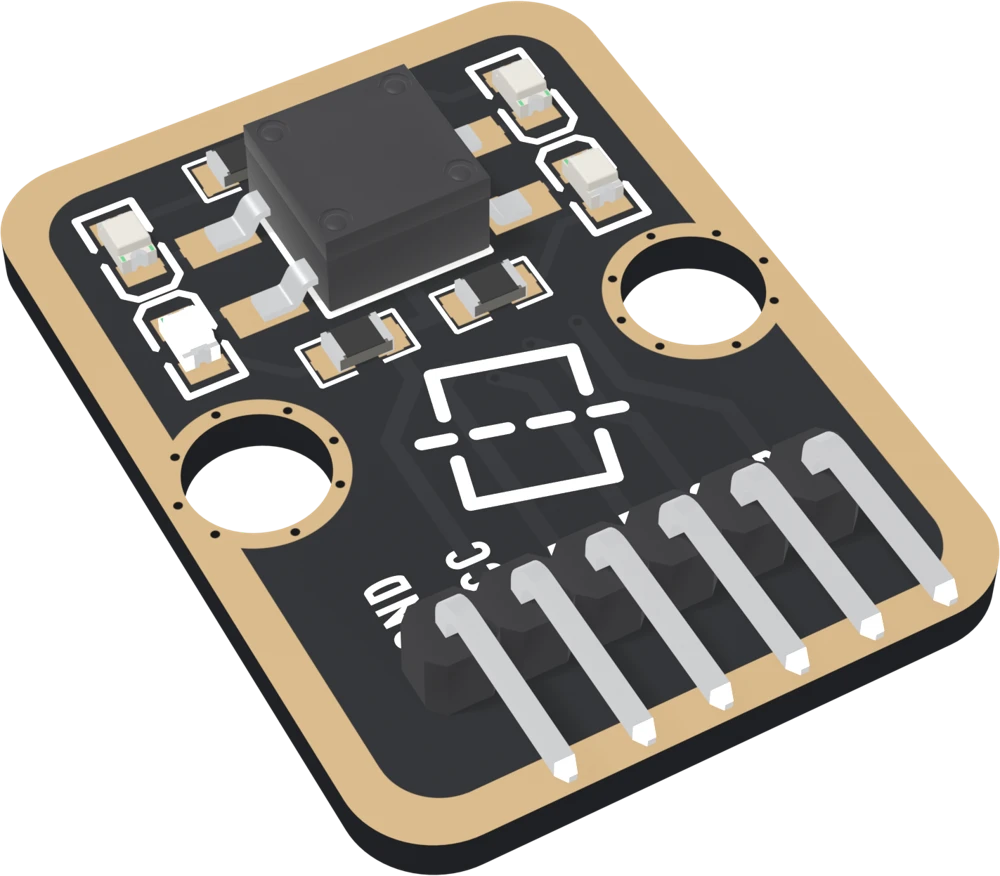 The TK19 at an angle: a black board with a gold border, a black square tilt switch in the upper middle with two bent legs out of each side, four small LEDs near the left and right edges beside those legs, small resistors above and below the switch, a printed tilt icon between two big mounting holes, and six right-angle header pins pointing out past the bottom edge.