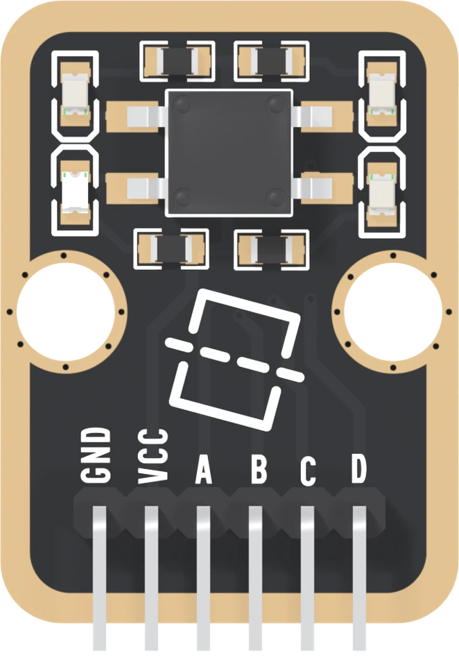 The TK19 seen from the parts side: a black board with a wide gold border, a black square switch in the upper middle with two legs out of each side, four small LEDs in two pairs at the left and right edges beside those legs, four small resistors above and below the switch, a printed tilt icon under it between two big round mounting holes, and a right-angle header labelled GND, VCC, A, B, C and D from left to right.