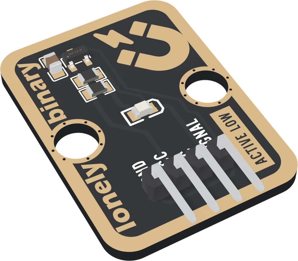 The TK18 at an angle: a black board with a wide gold border, a small brown capacitor and a three-legged black chip at the near top-left corner, two small resistors below them, a tiny LED in the middle, a large gold magnet-and-lightning icon at the top right, two big mounting holes, lonely binary along the left edge, a boxed ACTIVE LOW along the right, and a right-angle header whose four pins point out past the bottom edge.