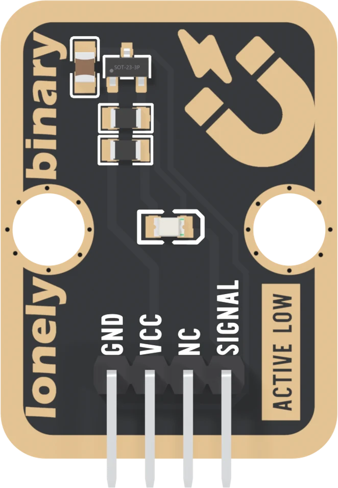 The TK18 seen from the parts side: a black board with a wide gold border, a small brown capacitor and a three-legged black chip marked SOT-23-3P at the top left, two small resistors below them, a tiny LED in the middle, a large gold magnet-and-lightning icon at the top right, two big round mounting holes, lonely binary up the left edge, a boxed ACTIVE LOW up the right edge, and a right-angle header labelled GND, VCC, NC and SIGNAL from left to right.