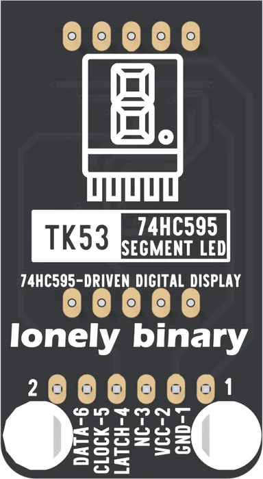 The back of the TK53: two rows of five gold pads for the digit's legs at the top and middle, a drawing of a seven-segment digit, a box reading TK53 beside 74HC595 SEGMENT LED, 74HC595-DRIVEN DIGITAL DISPLAY under it, lonely binary, six round-ended header pads labelled DATA-6, CLOCK-5, LATCH-4, NC-3, VCC-2 and GND-1 from left to right, and two mounting holes.