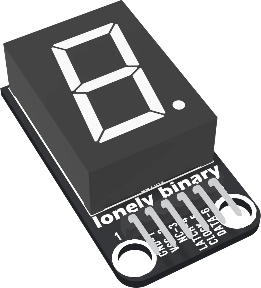 The TK53 at an angle: a tall black digit block standing on a black board, its seven white segments and dot facing up, lonely binary printed below it, and a six-pin right-angle header whose pins lie over the lower end of the board between two round mounting holes.